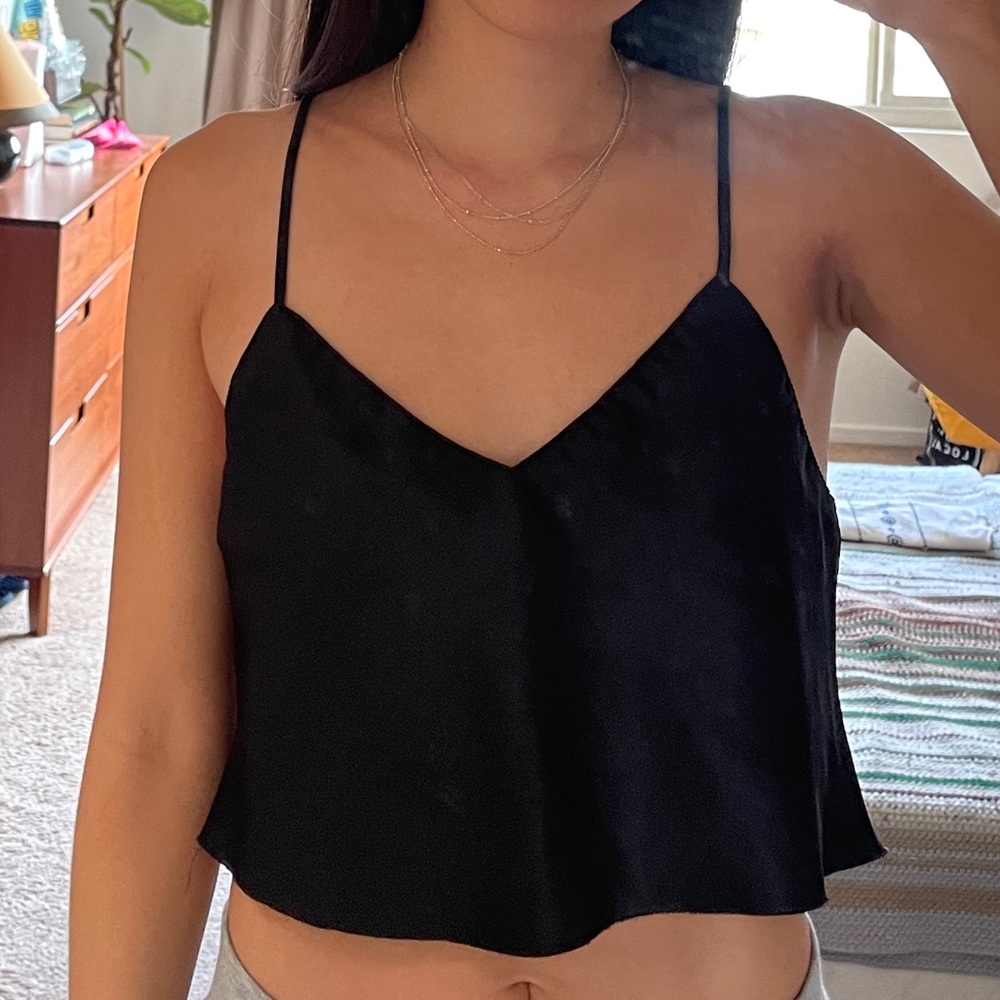 Vintage black silk tank with raw hem